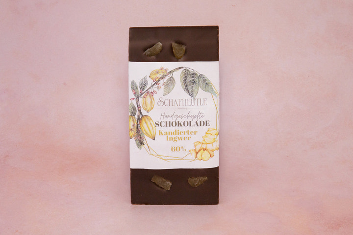 Dark chocolate with candied ginger cubes