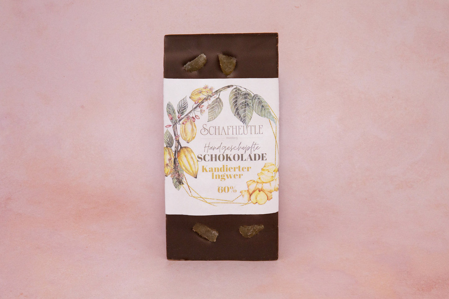 Dark chocolate with candied ginger cubes